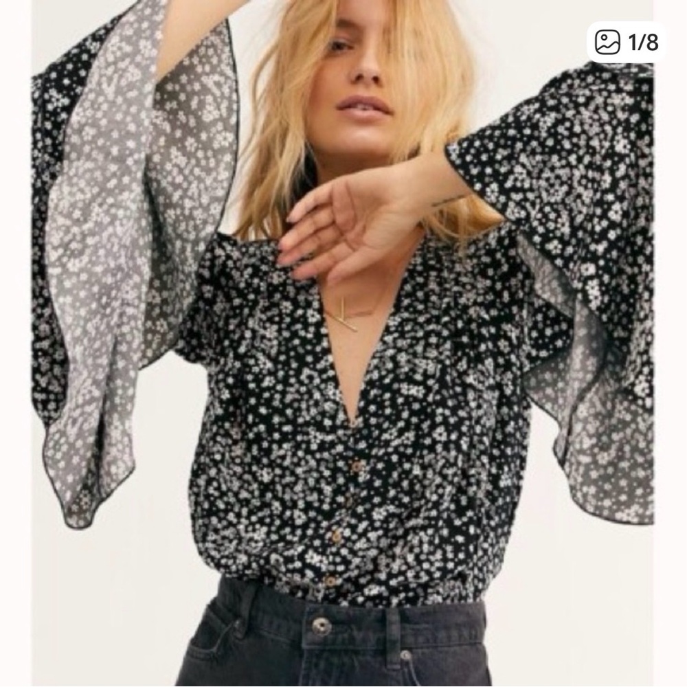 Free People Intimately Ditsy Floral Bodysuit with lace and‎ bell sleeves
